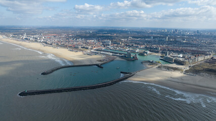 Scheveningen harbor and beach coastline aerial view