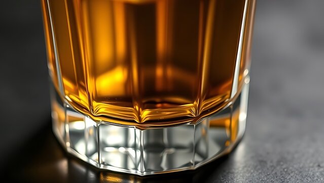 schnapps. Golden schnapps liquid in a crystal glass, light refraction on a dark surface, minimalist style. bar promotions, beverage menus, designed for product packaging and bar promotions.