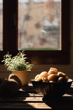 Daylight illuminates the dry potato ready to cook