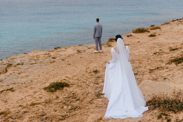 Bride and groom on a rocky coastline overlooking the ocean