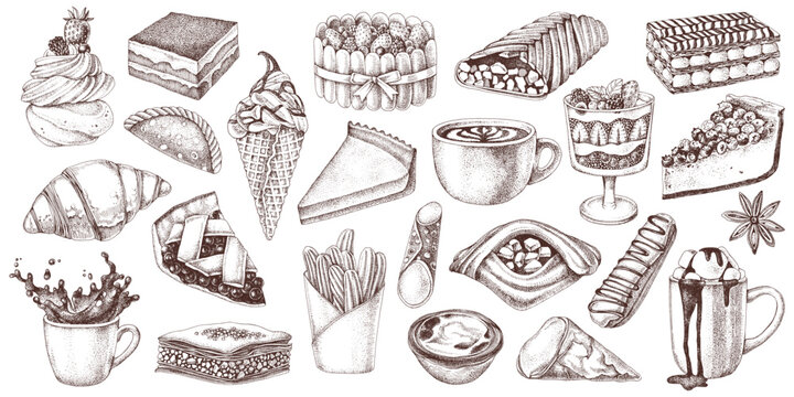 Desserts and bakery sketched vector illustration