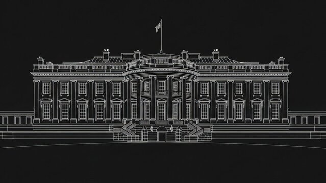 White House architectural line drawing on a dark background with American flag flying