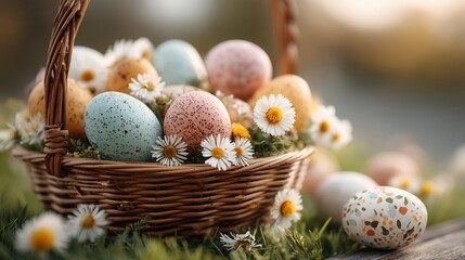 Obraz premium Easter basket spring flower daisy decoration pastel egg holiday nature garden arrangement celebration joy