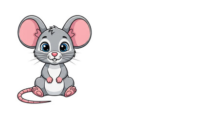 Fototapeta premium a cheerful, stylized 2d vector cartoon mouse with soft grey fur and blue eyes, sitting upright on a transparent background with copy space to the right, minimalist character mascot. Concept for