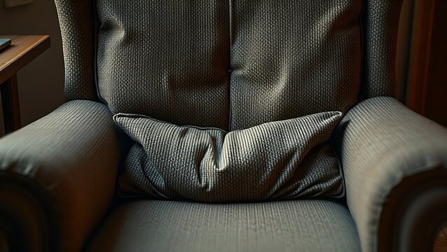 ableism. An old fabric armchair with a sagging seat cushion in warm light. lifestyle magazines, social media lookbooks, designed for lifestyle magazines and social media content, drives engagement.