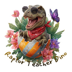 Cute dinosaur with bunny ears celebrates Easter with colorful eggs and a basket full of treats