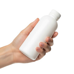 Hand holding a white plastic bottle with a screw cap isolated on transparent background