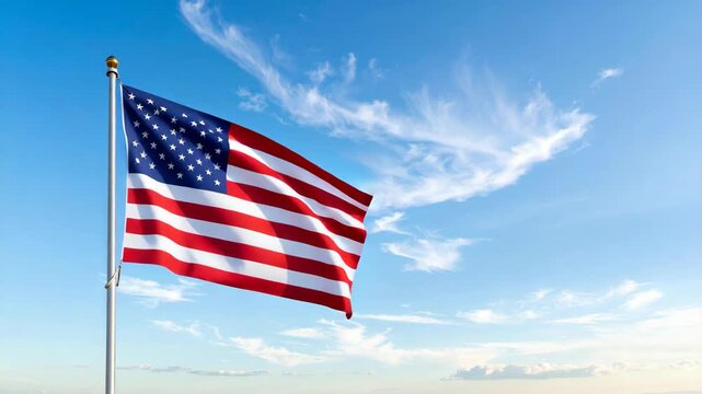 American flag waving proudly against a bright blue sky with wispy clouds