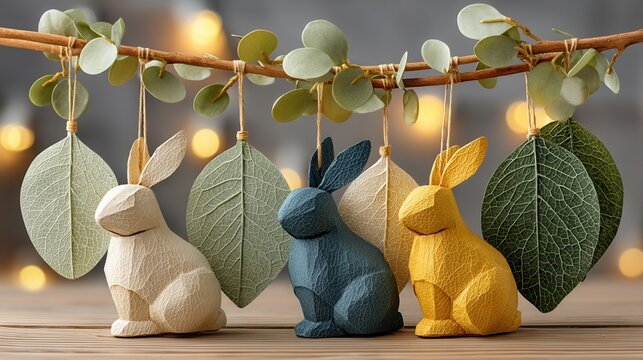 Hanging easter rabbit decoration paper rabbit bunny ornament leaf garland eco friendly pastel color holiday decor spring celebration wooden background warm light hanging easter rabbit decoration