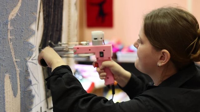 Crafting art with a tufting gun in a studio in the afternoon