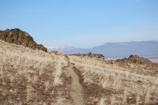 Desert hiking trail through rocky grassland landscape