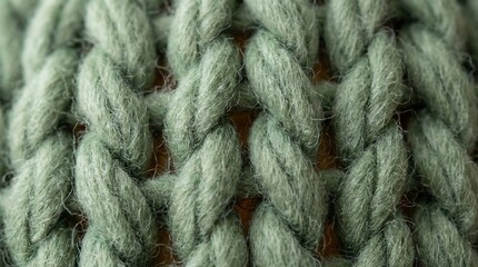 Fototapeta premium Close-up macro view reveals the intricate texture of thick mint green yarn knitted into a consistent pattern.