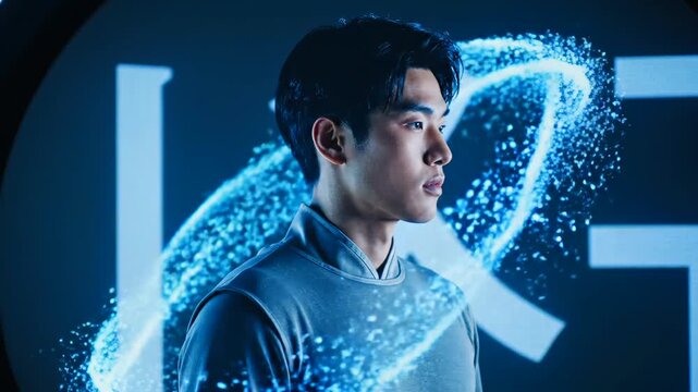 asian man portrait with particle halo glowing around shoulder and head, thoughtful creator in studio setting, orbiting blue particles form ring and sparks, modern branding backdrop
