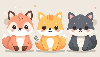 Fototapeta premium Cute and Whimsical Illustration Featuring a Trio of Friendly Cartoon Foxes with Big Adorable Eyes and Fluffy Tails, Perfect for Children's Themes and Sweet Designs