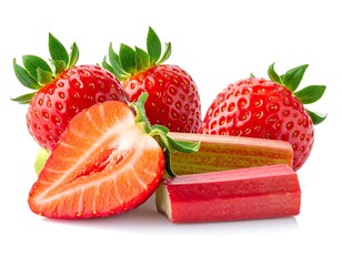 Fresh strawberries and rhubarb on white background