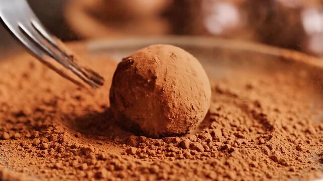 Chocolate truffle on a fork, surrounded by cocoa powder, with a soft focus background of more truffles