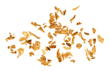 Obraz premium Scattered crispy fried onions isolated on a transparent background. Full depth of field. Top view. PNG. 