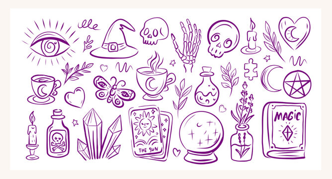 Cute magic Halloween set. Hand draw vector illustration of spooky Halloween and objects. Witch