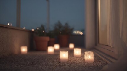 Naklejka premium Group of small white candles placed on a concrete floor in front of a window. the candles are lit and appear to be floating in the air.