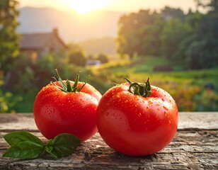Fresh tomatoes on a rustic surface with a blurred natural background