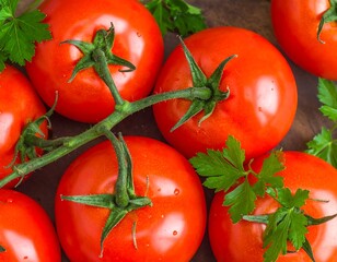 Fresh tomatoes on a vine with green leaves