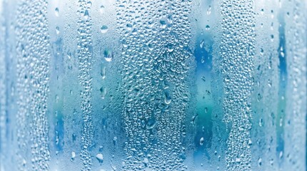 Extreme closeup shot reveals numerous tiny water droplets clinging to the curved, translucent surface of a cold beverage container causing substantial condensation.