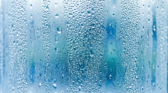 Extreme closeup shot reveals numerous tiny water droplets clinging to the curved, translucent surface of a cold beverage container causing substantial condensation.