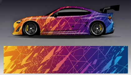 Sports car with vibrant gradient geometric wrap design, showing abstract patterns and colors. © DB stock