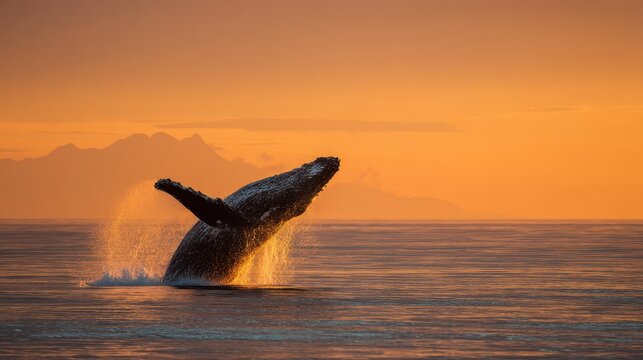 Dramatic sunset seascape: whale breaching, spray, and warm sky over tropical island coast