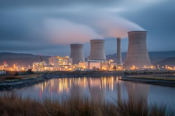 Fototapeta premium Dusk view of a nuclear power plant with cooling towers and glowing facility lights