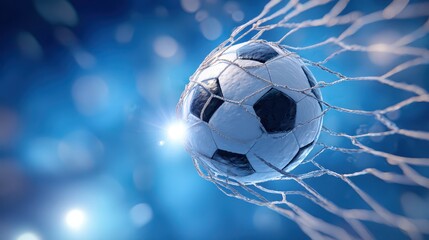 Naklejka premium Dynamic goal net moment with glowing flashes in a blue-lit 3D illustration