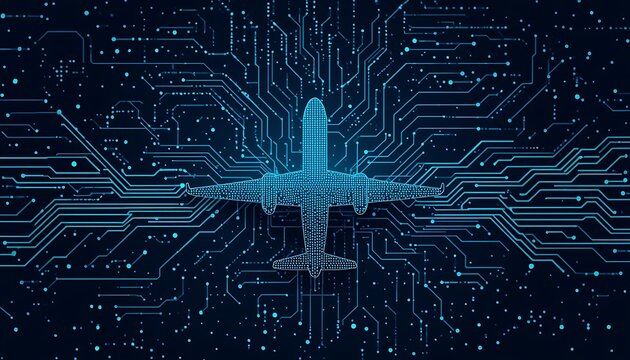 Futuristic airplane on digital circuit board in blue hues
