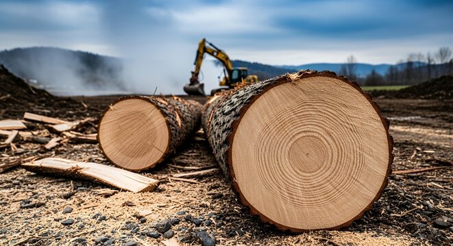 Logs placed on ground with machinery in action near forest area