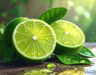 Freshly cut limes with leaves on wet surface