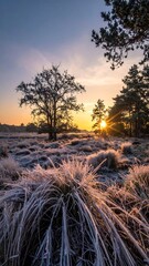 Frosty morning landscape with trees at sunrise