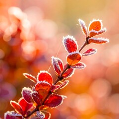 Frosty red leaves on a branch with a blurred background