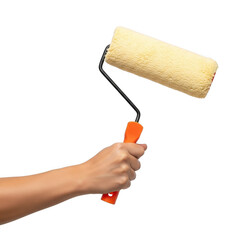 Obraz premium Hand holding paint roller isolated on white background isolated on transparent background