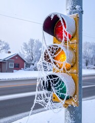 Frozen traffic light with ice and snow