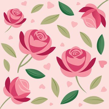 Romantic rose flower pattern with leaves and hearts illustration