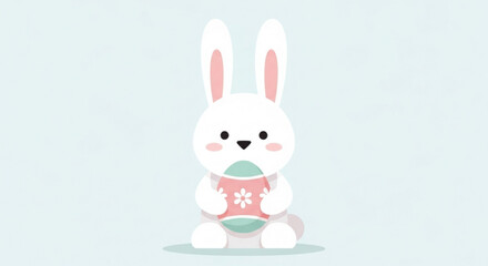 Obraz premium White Cartoon Bunny Holding Easter Egg on Light Blue Background