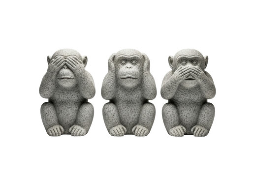 Photorealistic still life of three stoic wise monkey granite figurines covering eyes, ears, and mouth, isolated on high-key white, concept of philosophical contemplation