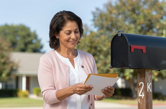 Smiling mature Hispanic woman retrieves correspondence and financial documents from her suburban mailbox on a bright, sunny day