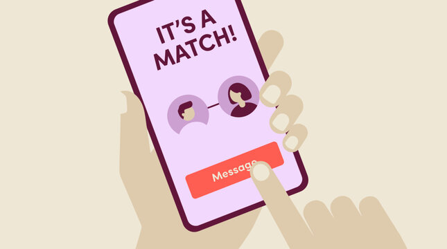 Successful Match Notification on Mobile Dating App. Hand Taps Message Button in Modern Digital Illustration.