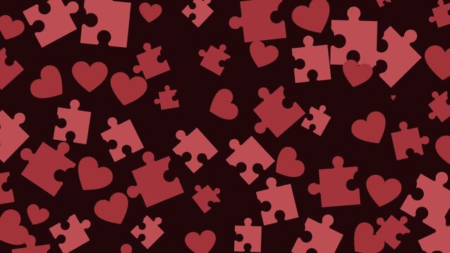 Seamless looping animation of puzzle pieces and heart shapes floating on a dark background. Flat minimal pattern symbolizing love, connection, and relationships, ideal for Valentine and romantic motio