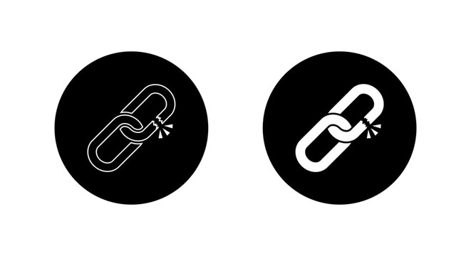 Broken chain link icon in black circle. Hyperlink damage symbol