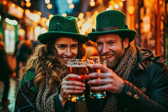 Couple drinking beer on the street on Saint Patrick's Day