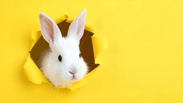 Adorable white bunny peeking through torn yellow paper