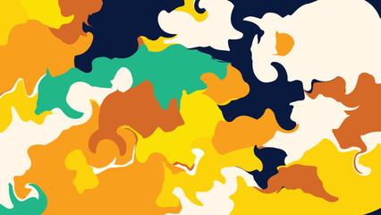 Abstract liquid fluid background with vibrant yellow, teal, and navy blue organic shapes.