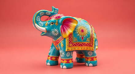 Fototapeta premium A Decorative Elephant Statue Painted with Intricate Holi-Inspired Patterns in Gold and Bright Colors on a Coral Pink Background