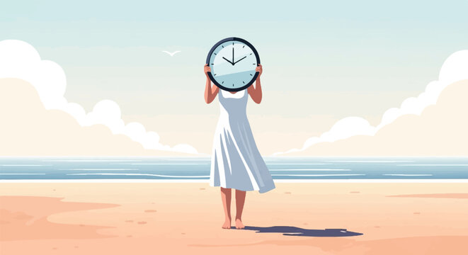 Person in white dress holds clock on beach with ocean and sky